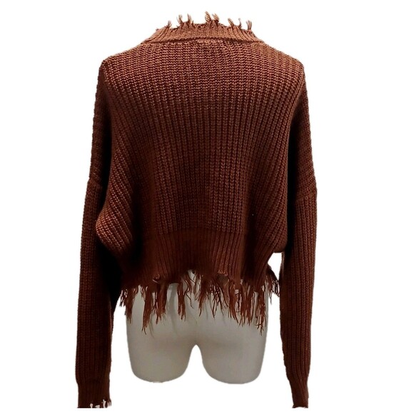 Coco Jaimeson Women's Cropped Copper Spice Frayed Trim Pullover Sweater Large - Picture 2 of 9